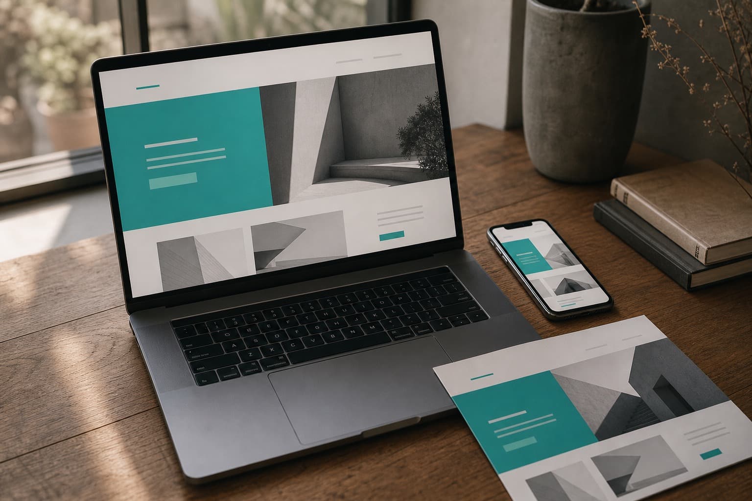Un mismo diseño aplicado en computadora, teléfono y pieza impresa