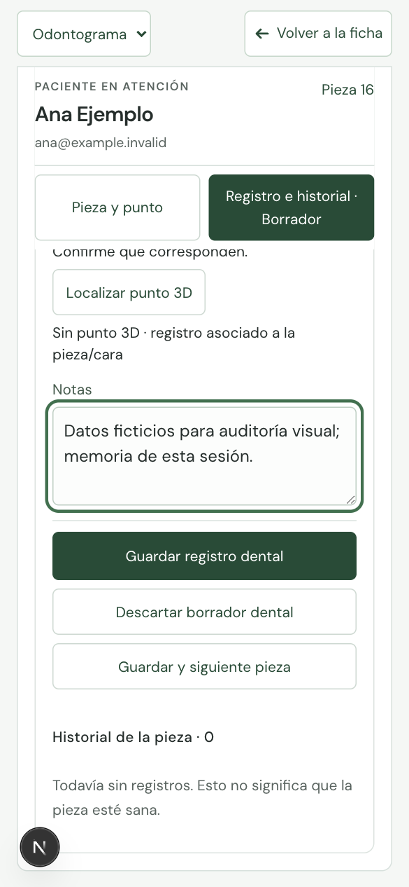 Formulario móvil de notas de la pieza 16 con Ana Ejemplo y datos ficticios.