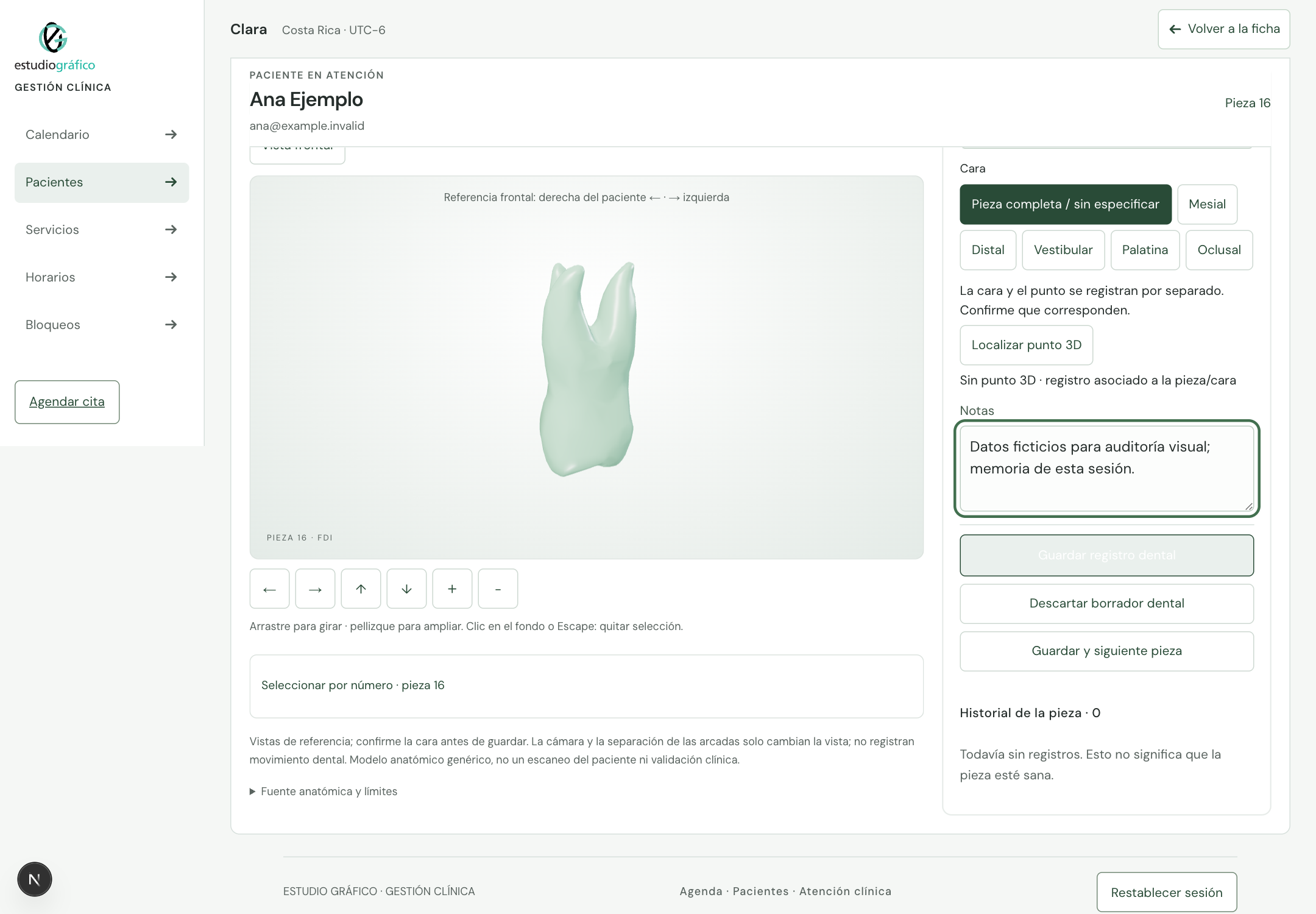 Pieza 16 en el odontograma de prueba, selección de cara y campo de notas con datos ficticios.