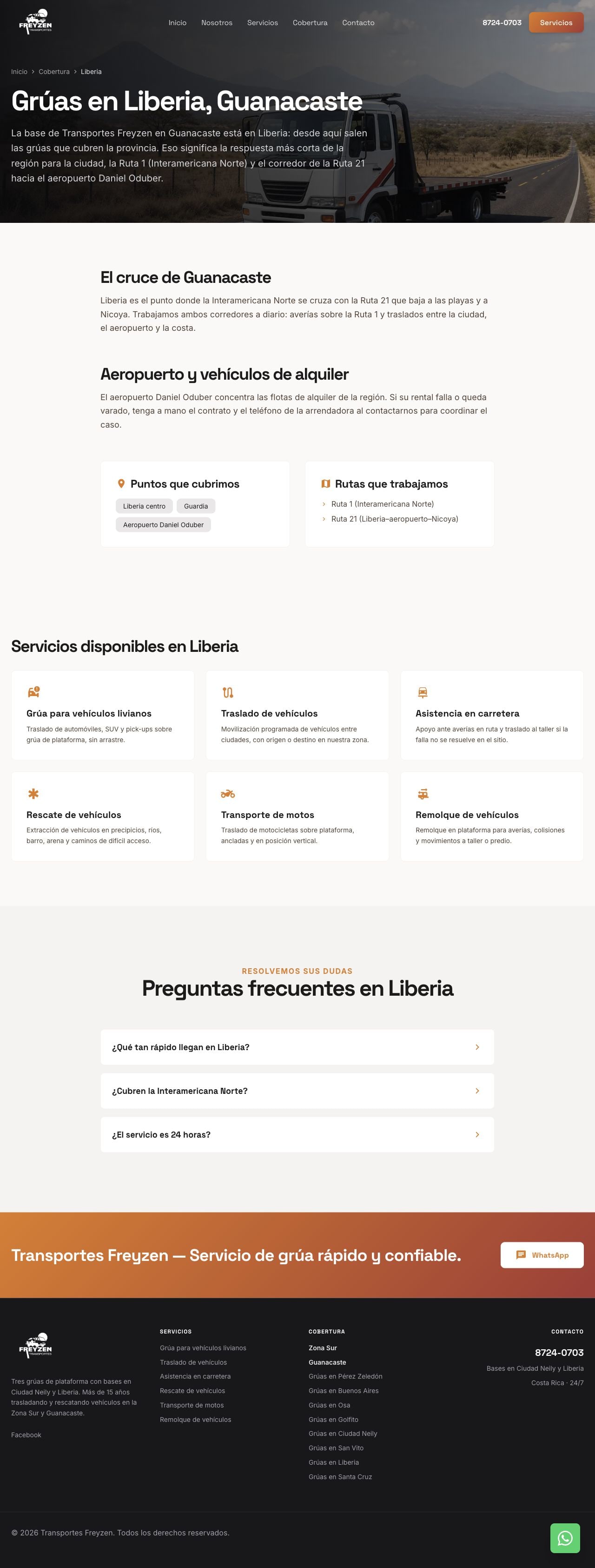 Página de grúas en Liberia con cobertura, servicios y preguntas frecuentes